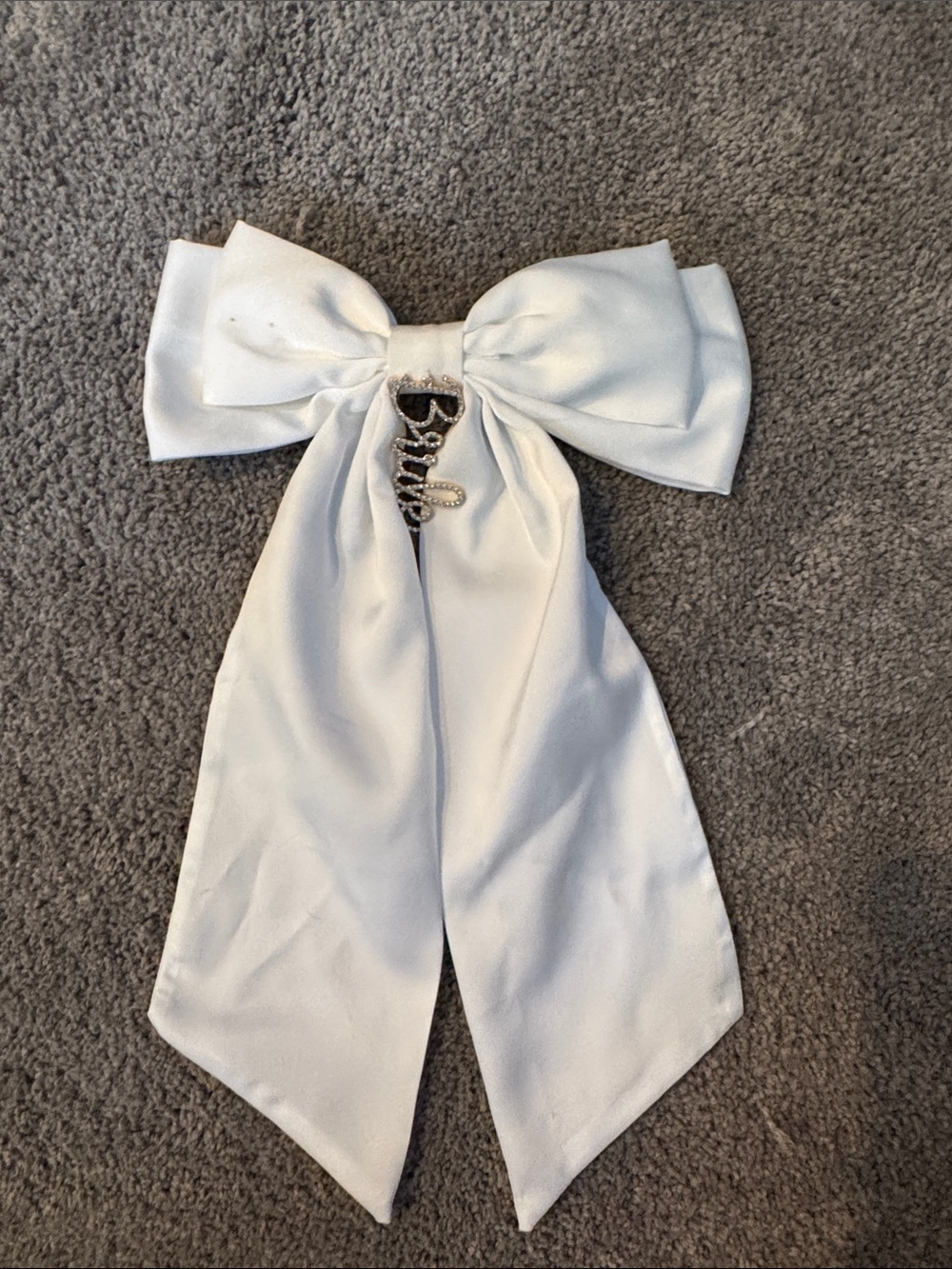 Bridal White Satin Bow with Rhinestone Charm